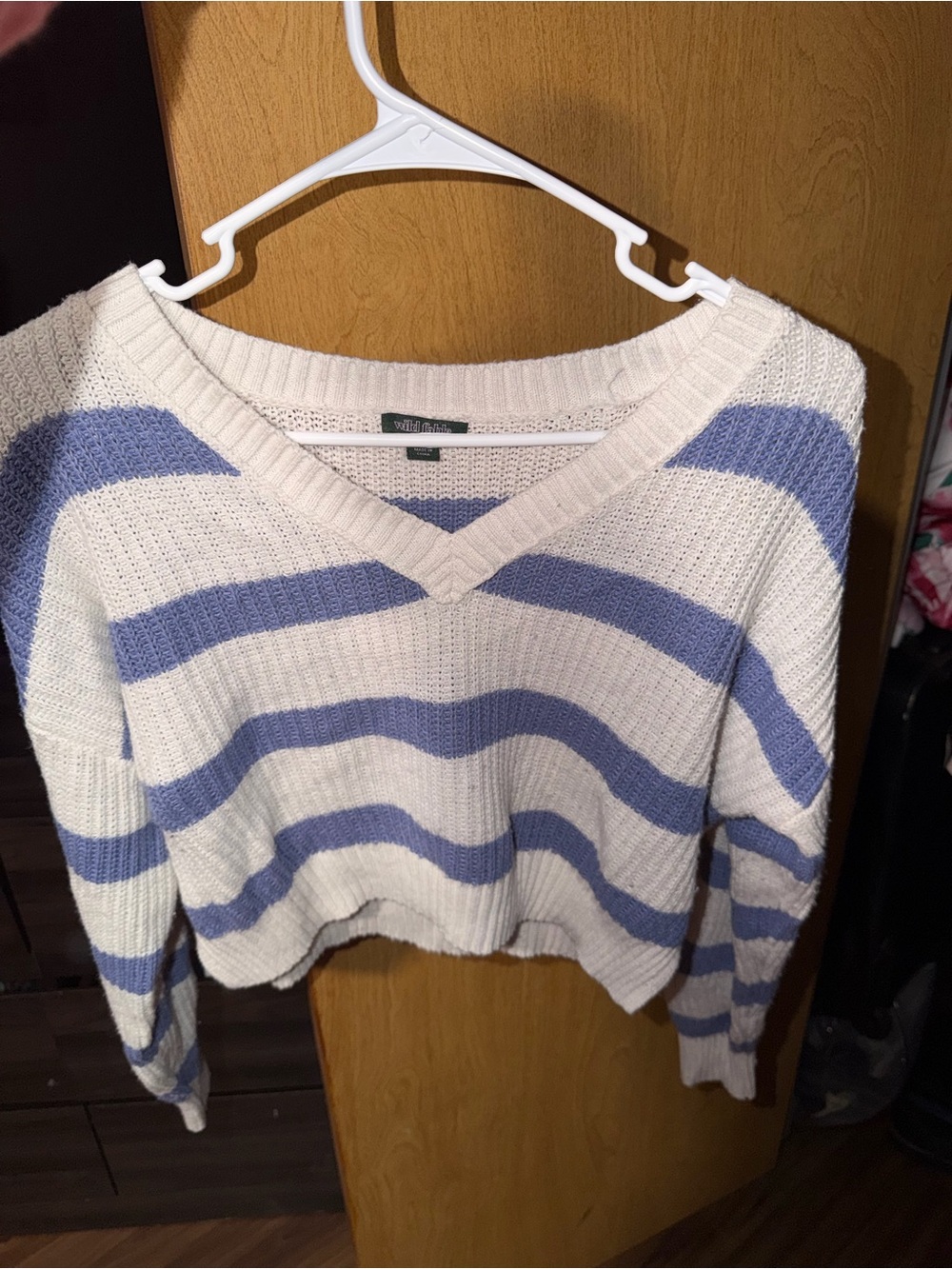 wild fable Striped V-Neck Sweater in White and Light Blue